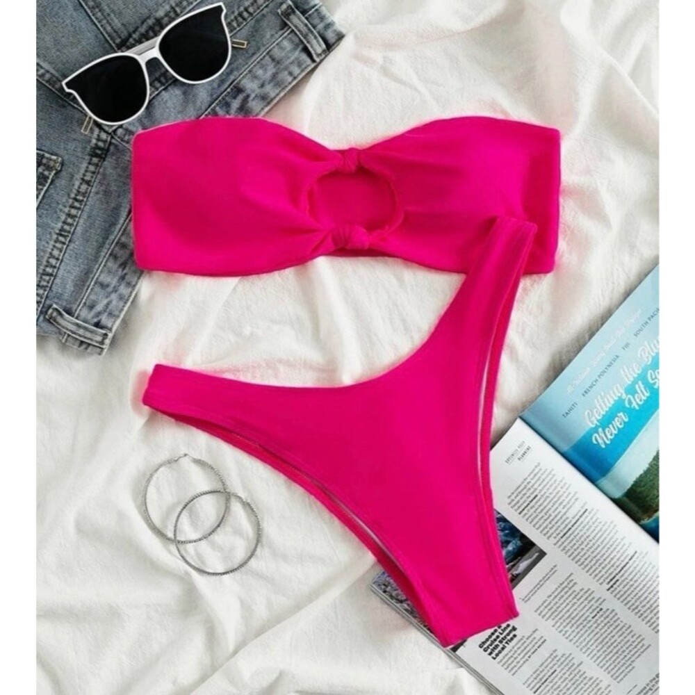 Shein Bikini Women’s L Hot Pink Bandeau Top & High Cut Bottom 2 Piece OC3A - Picture 5 of 7